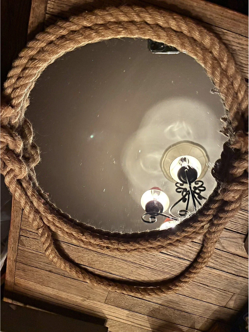 Round 12 in Nautical Accent Wall Mirror, Brown Rope Frame w/ Rope Handle